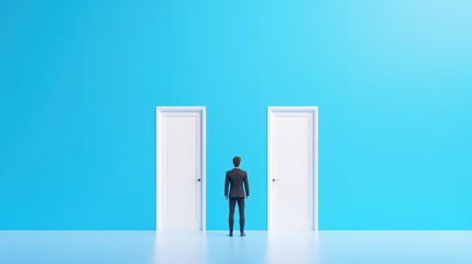 Obraz premium A figure trapped in a room with two opposing doors, each offering a different path, but both leading to an unknown destination.