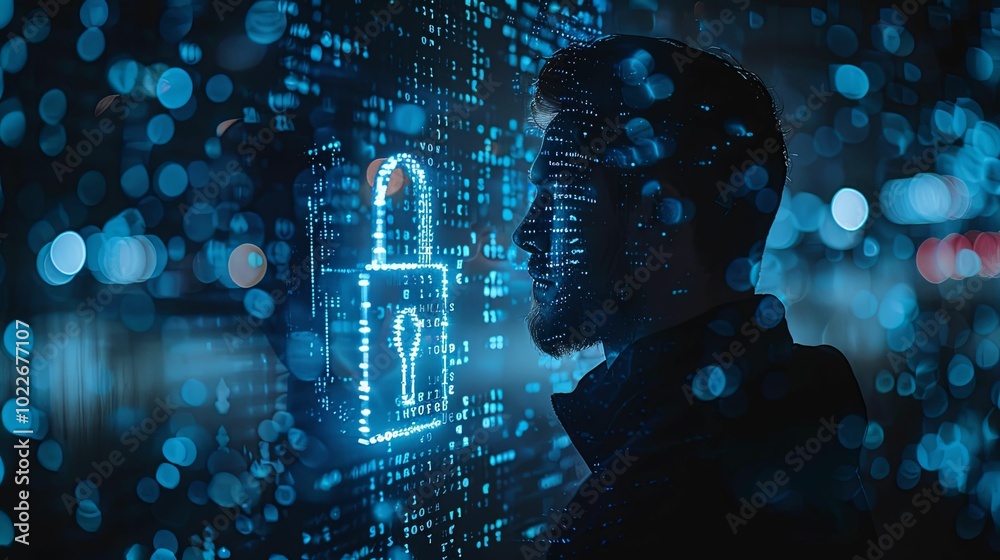 Wall mural silhouetted man looking at digital lock icon with blue binary code background