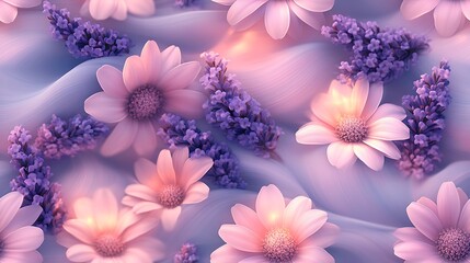 Seamless pattern of soft daisies and lavender blossoms, light pastel tones of pink and purple, delicately intertwined, hd quality, detailed petals and leaves, soft glowing light,