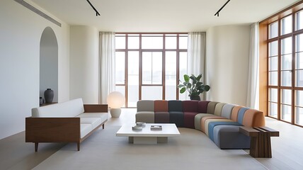Fototapeta premium Minimalist Interior Design of Modern Living Room With Colorful Multicolored Sofa