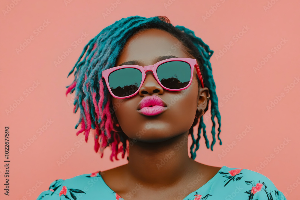 Poster A woman with pink and blue dreadlocks wearing sunglasses