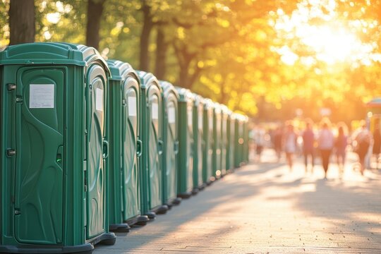 set of portable potties lined up at a public park during an event