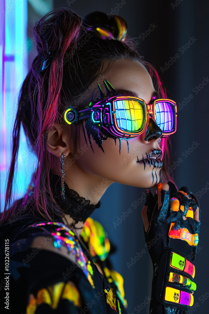 Canvas Prints A woman with colorful makeup and neon glasses