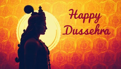 Beautiful Lord Rama silhouette placed in front of abstract patterns with vibrant Happy Dussehra message for a unique festive greeting.