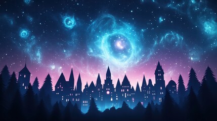 A cityscape silhouetted against a sky filled with swirling nebulae, each building adorned with glowing, alien symbols.