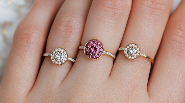 Three elegant rings featuring sparkling stones in a delicate setting, showcased on a hand, highlighting their beauty and intricate design.