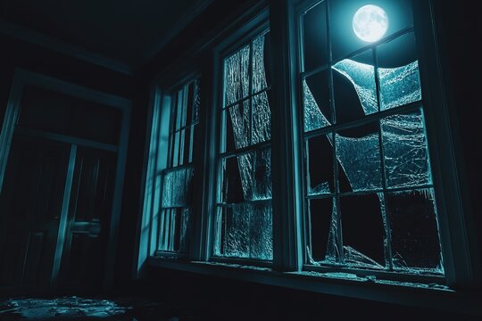 Moonlight shines through broken window in eerie dark room.