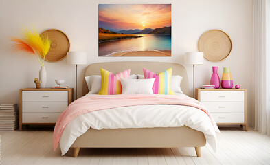 Boho interior design of modern bedroom.