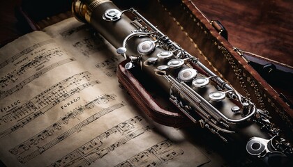 Obraz premium A vintage clarinet with silver keys, resting on a velvet-lined case.