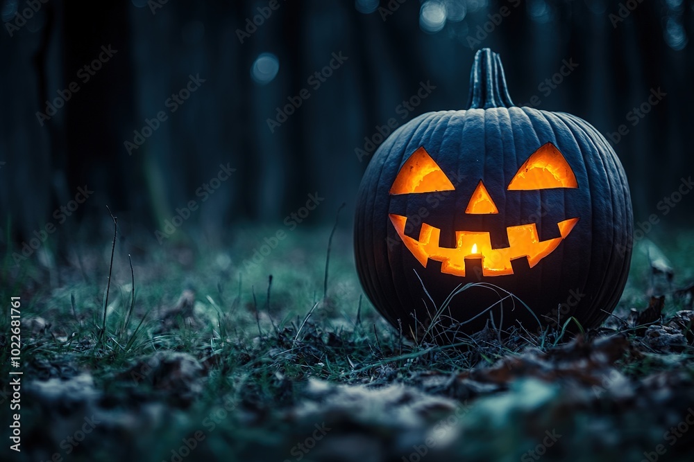 Wall mural glowing jack-o'-lantern in twilight forest, spooky atmosphere