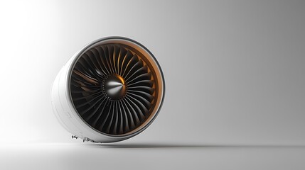 Closeup of a white jet engine with a golden glow on the blades.