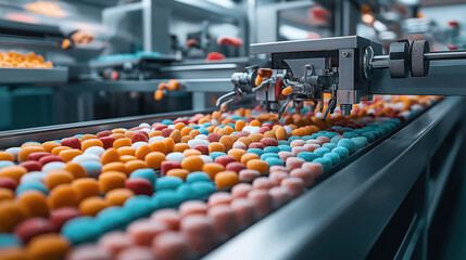 Obraz premium Automated production line in a factory producing colorful, coated candy. The machinery is sorting a variety of colorful gummy candies in a manufacturing setting.
