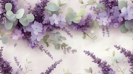 Soft lavender and eucalyptus, seamlessly intertwined in a repeating floral pattern, pale pastel purple and light green tones, hd quality, intricate details, subtle shadows,