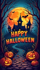 Fototapeta premium Halloween background with text Happy Halloween. Colorfull poster in cartoon style