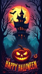 Fototapeta premium Halloween background with text Happy Halloween. Colorfull poster in cartoon style