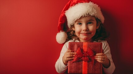 A young girl is holding a red present with a bow on it, wearing a red hat