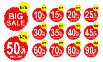 Set of sale labels,Realistic red sale labels,discount price tags mockups.promotional sales tag vector template set.