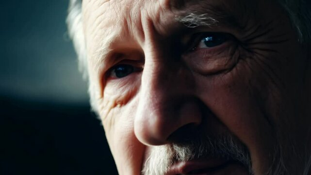 Close-up of elderly man with hearing aid having an epiphany, static video, dramatic side lighting