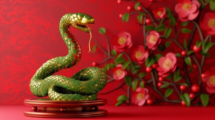 Obraz premium Green snake statue with golden details posing on a red pedestal, celebrating the chinese new year with a blooming branch in the backdrop. Chinese new year, astrology horoscope, background copy space