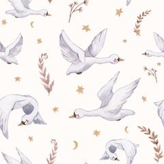 watercolor seamless pattern swan bird illustration for kids