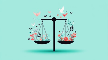 A hand drawn illustration of a scale perfectly balanced, with symbols of peace on one side and symbols of conflict on the other.