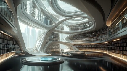 Futuristic Library with Holographic Books and Otherworldly Architecture