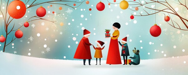 Christmas 2025, family sending season s greetings and wishes, cozy winter setting, flat design illustration