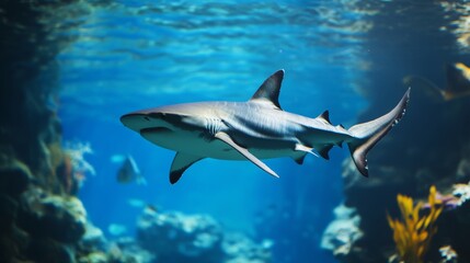 Obraz premium A grey reef shark swims gracefully through the clear blue water of an aquarium.