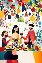 Christmas 2025, joyful dinner with family, happiness and warmth, flat design illustration