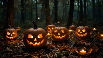 Halloween Night in the Forest: Carved Pumpkins Illuminated by Candlelight in a Spooky Setting