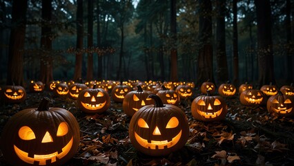 Halloween Night in the Forest: Carved Pumpkins Illuminated by Candlelight in a Spooky Setting