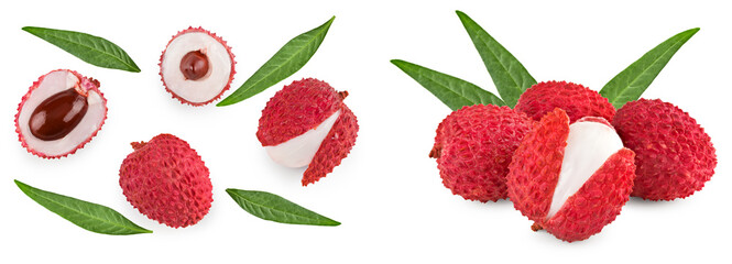 Fresh lychee with leaves isolated on white background. clipping path