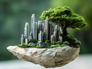 Futuristic Bonsai City Floating in Nature s Embrace