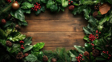 A lush green garland with red berries framing the top and sides of the image, placed on a wooden background. The center of the image is left open for copy space
