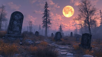 Fototapeta premium Copy space image of graveyard at twilight, featuring old tombstones, gnarled trees, and a full moon casting a silvery light over the landscape. 