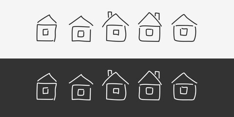 The icons are hand-drawn. The images of the house are specially drawn in the form of doodles. Drawing with a computer mouse. A set of elements. Image Package