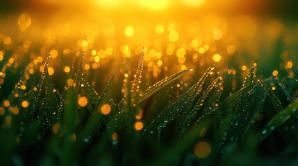 Dew-kissed grass glistening in the warm sunlight.