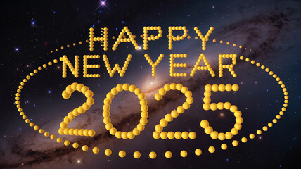 Happy New Year 2025 spelled out in yellow balls against a starry night sky.