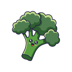 Cute Kawaii Broccoli cartoon icon illustration. Food vegetable flat icon concept isolated on white background. Broccoli character, mascot in Doodle style. Print for kids clothing.