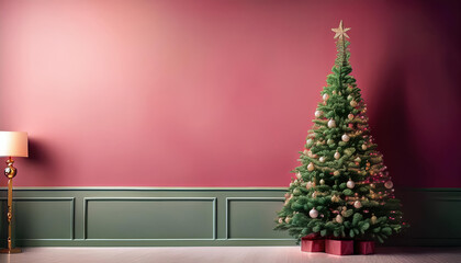 A Christmas tree is standing in front of a red wall background. The tree is decorated with many ornaments and a star on top. The room is empty and has a simple, minimalist design