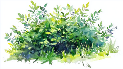 Obraz premium Watercolor painting of a lush green bush with leaves and blades of grass.