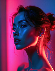 Obraz premium Beautiful woman in neon light. Created with AI. High quality upscale and postproduction.