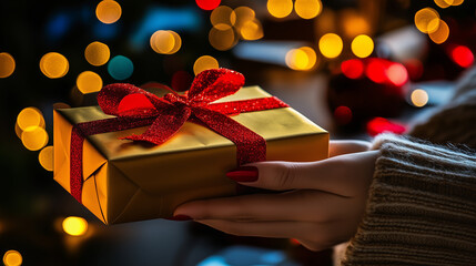 A hand holding a golden gift box with a red ribbon against a bokeh background.