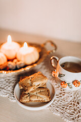Handmade scented candles made of natural wax in the shape of a pumpkin