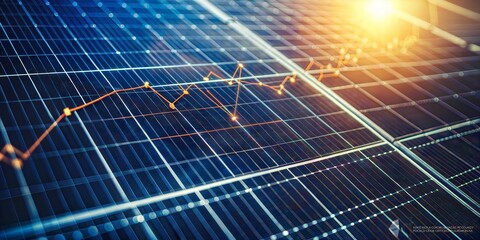 Macro shot of a solar panel texture overlaid with financial graphs depicting renewable energy market trends.






