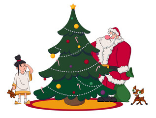 Frightened Santa and a waking little girl