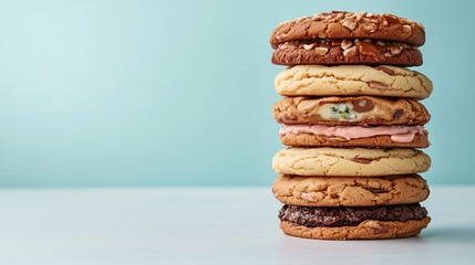  A tall stack of large, thick cookies with different flavors and fillings, neatly arranged on a light background
