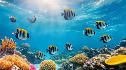 Fototapeta premium Tropical fish swimming over a vibrant coral reef.