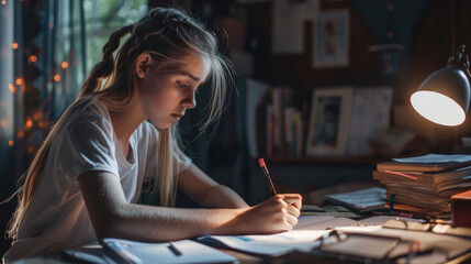 A focused girl writes at a desk in a softly lit room, surrounded by books and personal items, creating a cozy, introspective atmosphere.