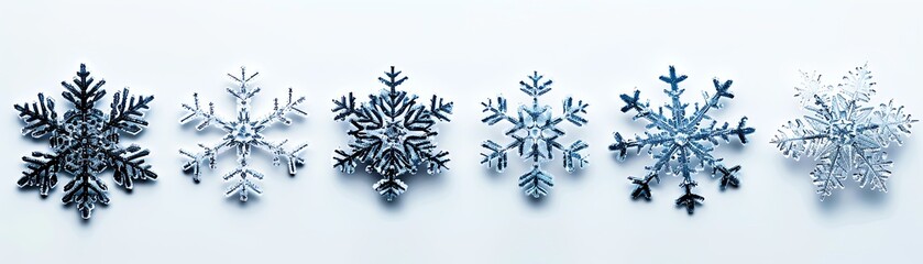 Snowflakes falling, detailed macro photography, intricate ice crystal patterns, sharp focus, isolated on white background